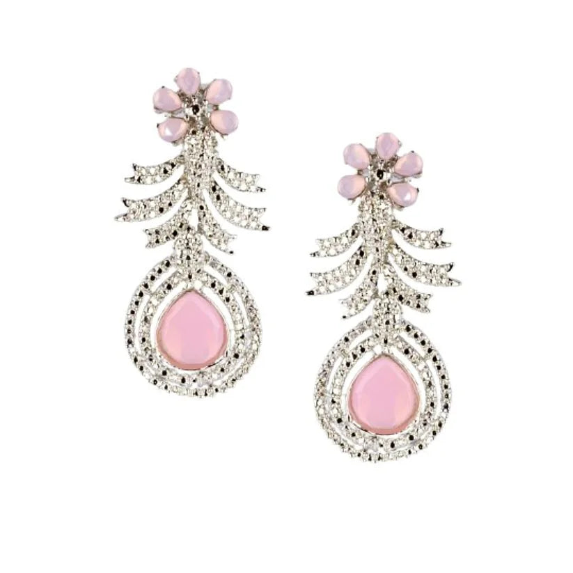 Rhodium Plated Stone Studded Drop Earrings