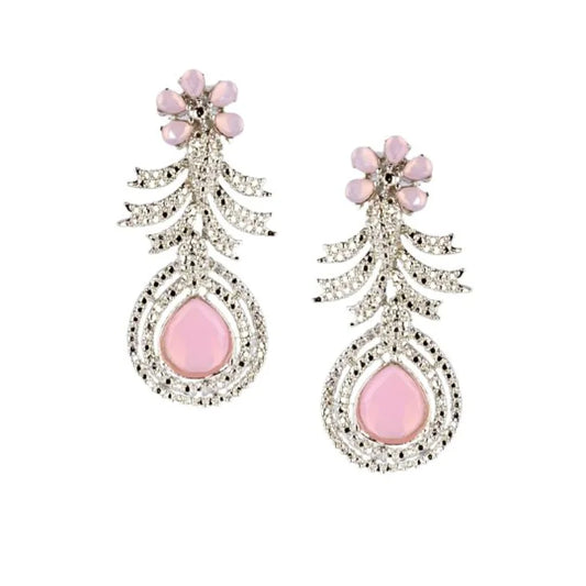 Rhodium Plated Stone Studded Drop Earrings