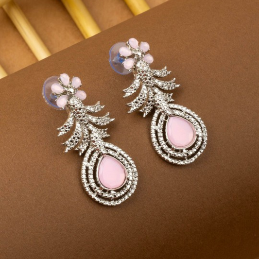 Rhodium Plated Stone Studded Drop Earrings