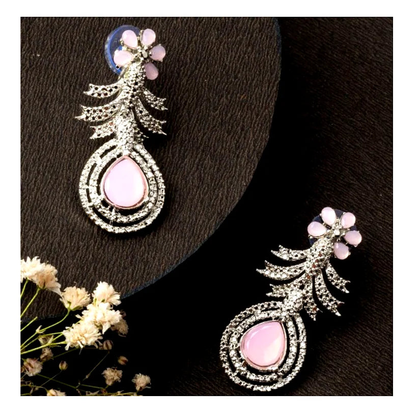 Rhodium Plated Stone Studded Drop Earrings