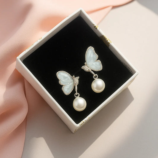 Pearl Beaded Butterfly Drop Earrings